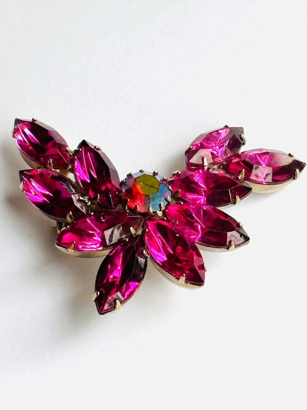 Vintage Unsigned Fuchsia Rhinestone AB Floral Spray Brooch Pin 2” Classic Pink